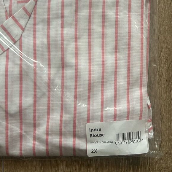 Harshman Indre White Pink Striped Cutout Long Sleeve Cotton Blouse Size 2X - Picture 4 of 6
